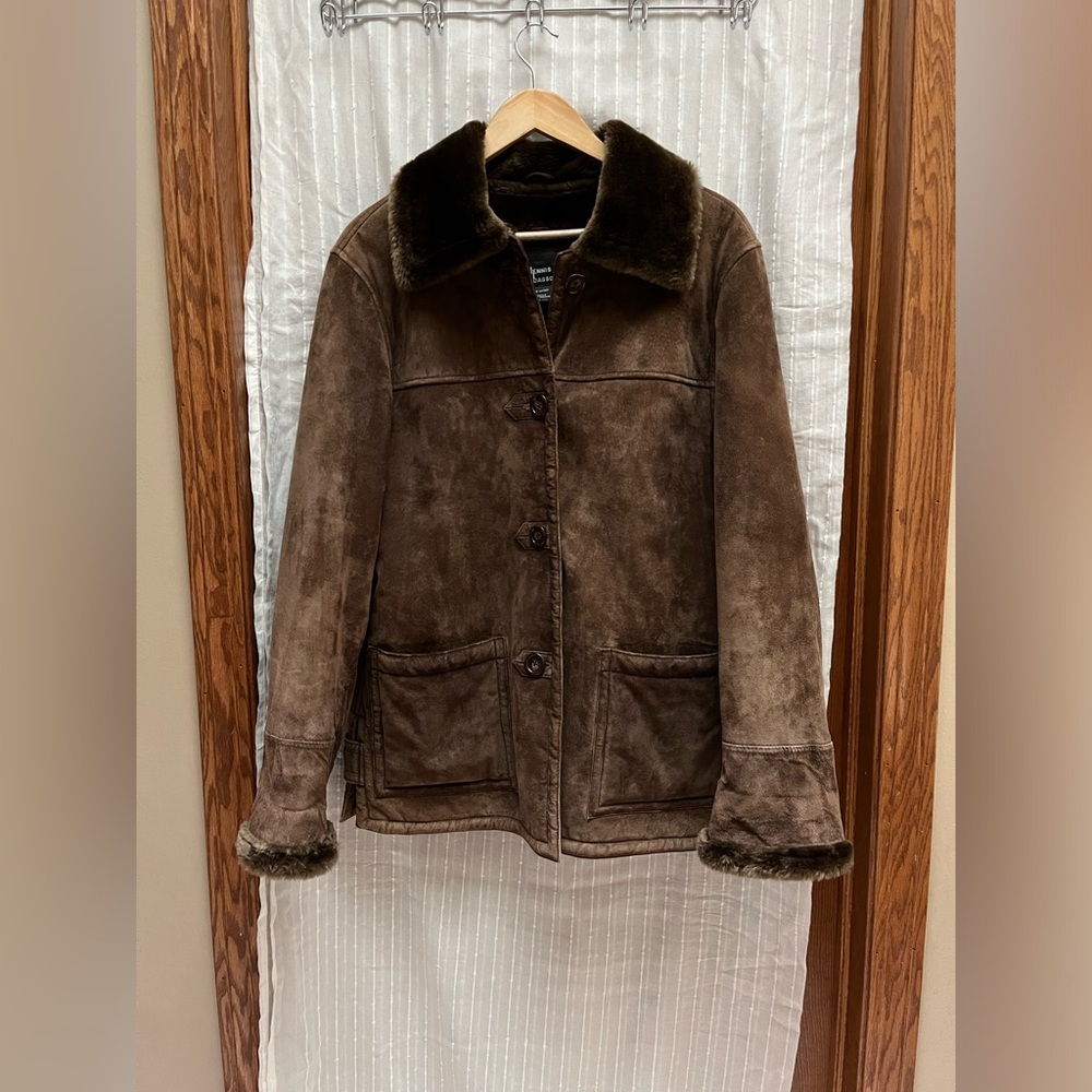 Dennis Basso Brown Faux Suede Fur Trim Coat S - Picture 6 of 8